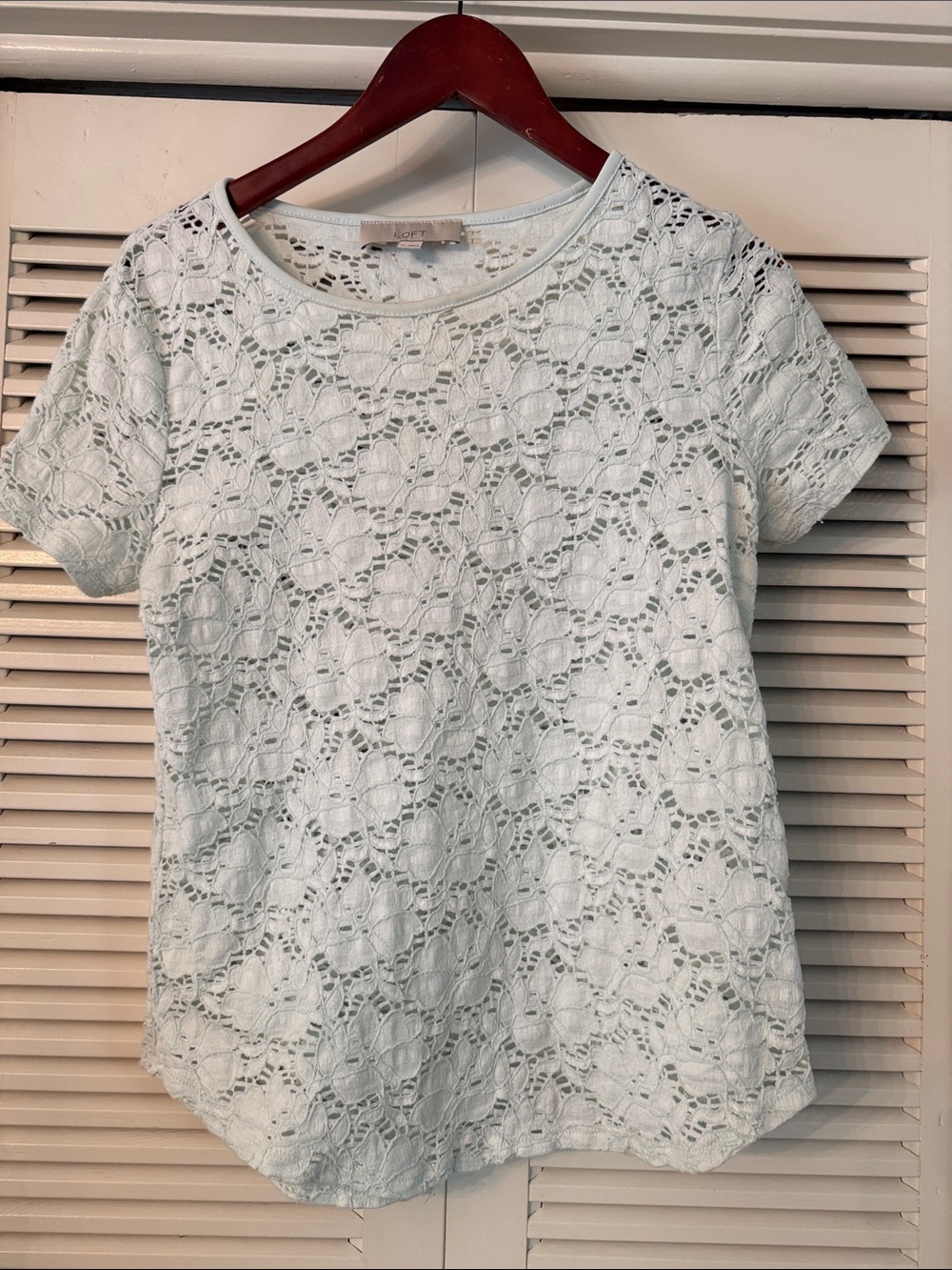 LOFT Pale Blue Floral Lace Short Sleeve Top